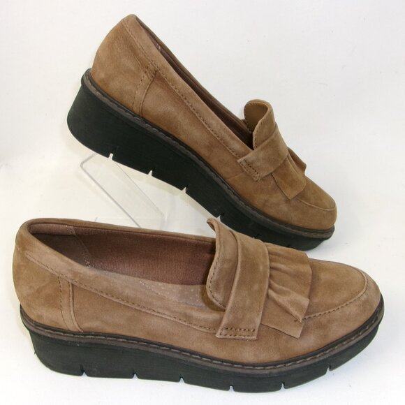 Clarks Airabell Slip On Wedge Loafers Dark Khaki Suede Tassel US 6.5 - Picture 1 of 6